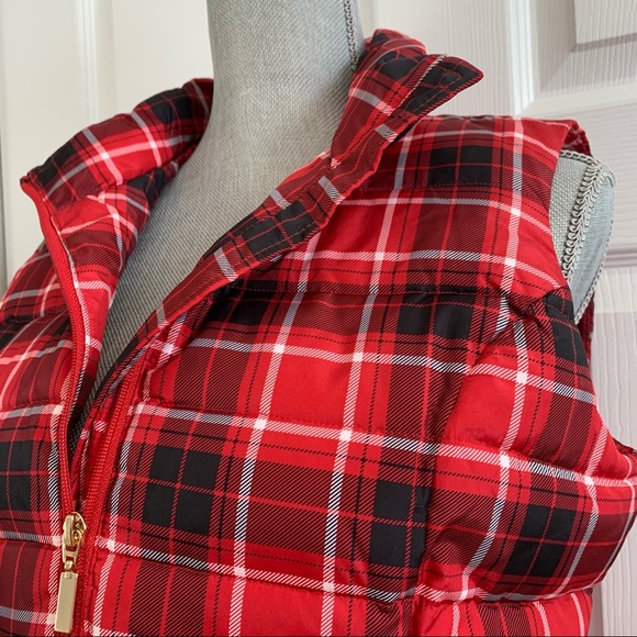 CHARTER CLUB red plaid puffer vest size S with gold zipper and pocket snaps - Picture 4 of 14
